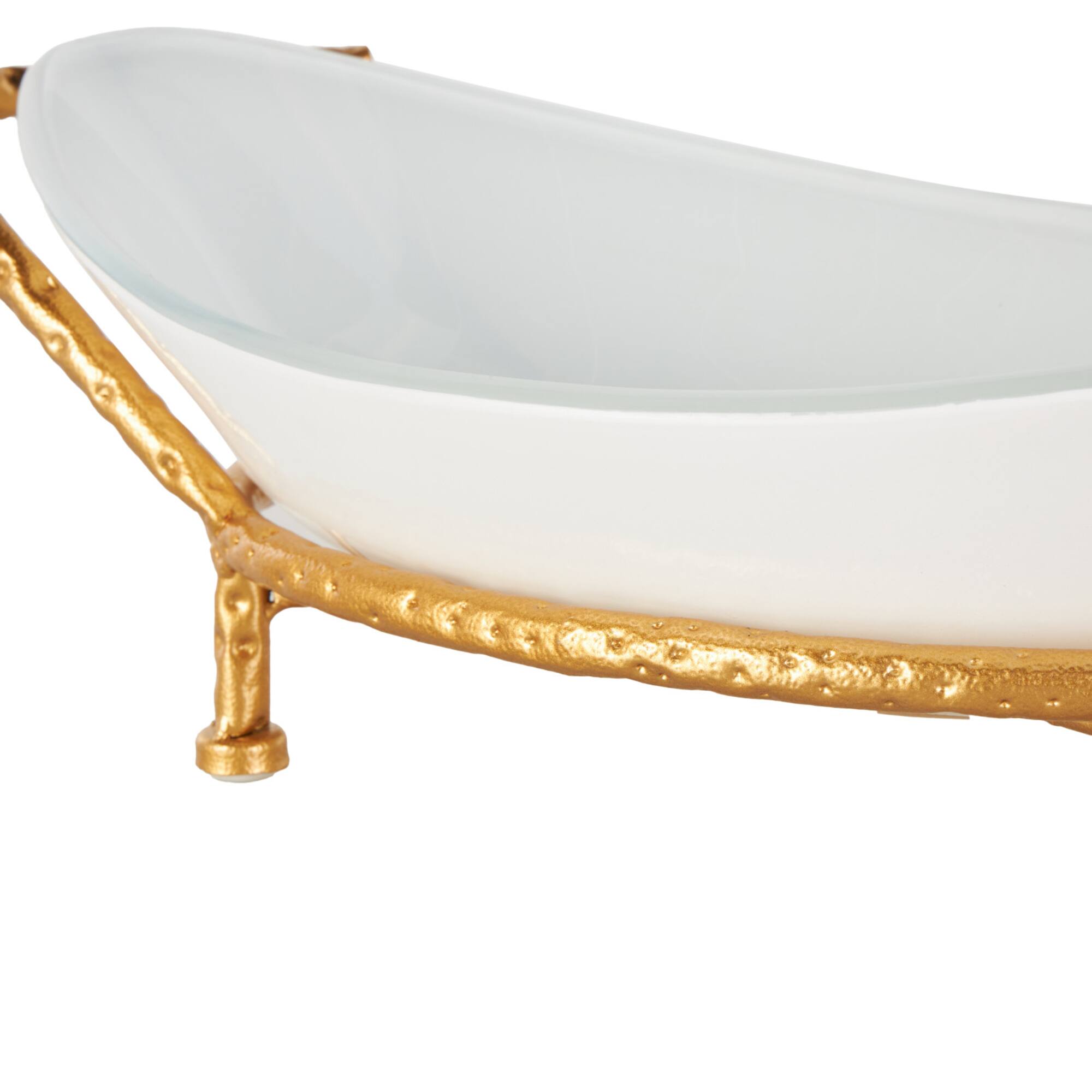 21" x 10" White Tempered Glass Kitchen Serving Bowl with Gold Metal Stand
